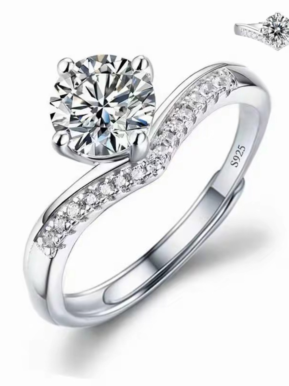 Sterling Silver White Solitaire Ring with Pavé Accent